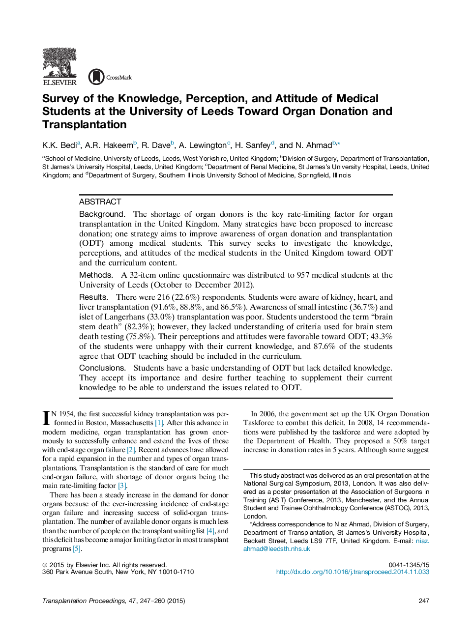 Survey of the Knowledge, Perception, and Attitude of Medical Students at the University of Leeds Toward Organ Donation and Transplantation