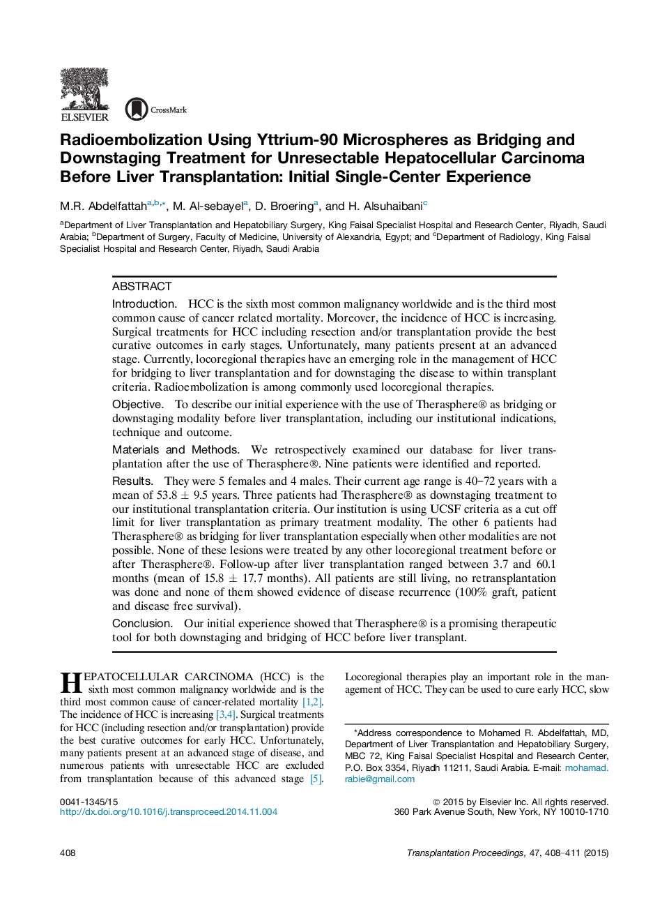 رادیوآمبولیزاسیون با استفاده از میکروسپورهای یتریم-90 به عنوان درمان موثر و بروز سرطان ریه غیر قابل توصیف قبل از پیوند کبد: تجربه تک مرکز 