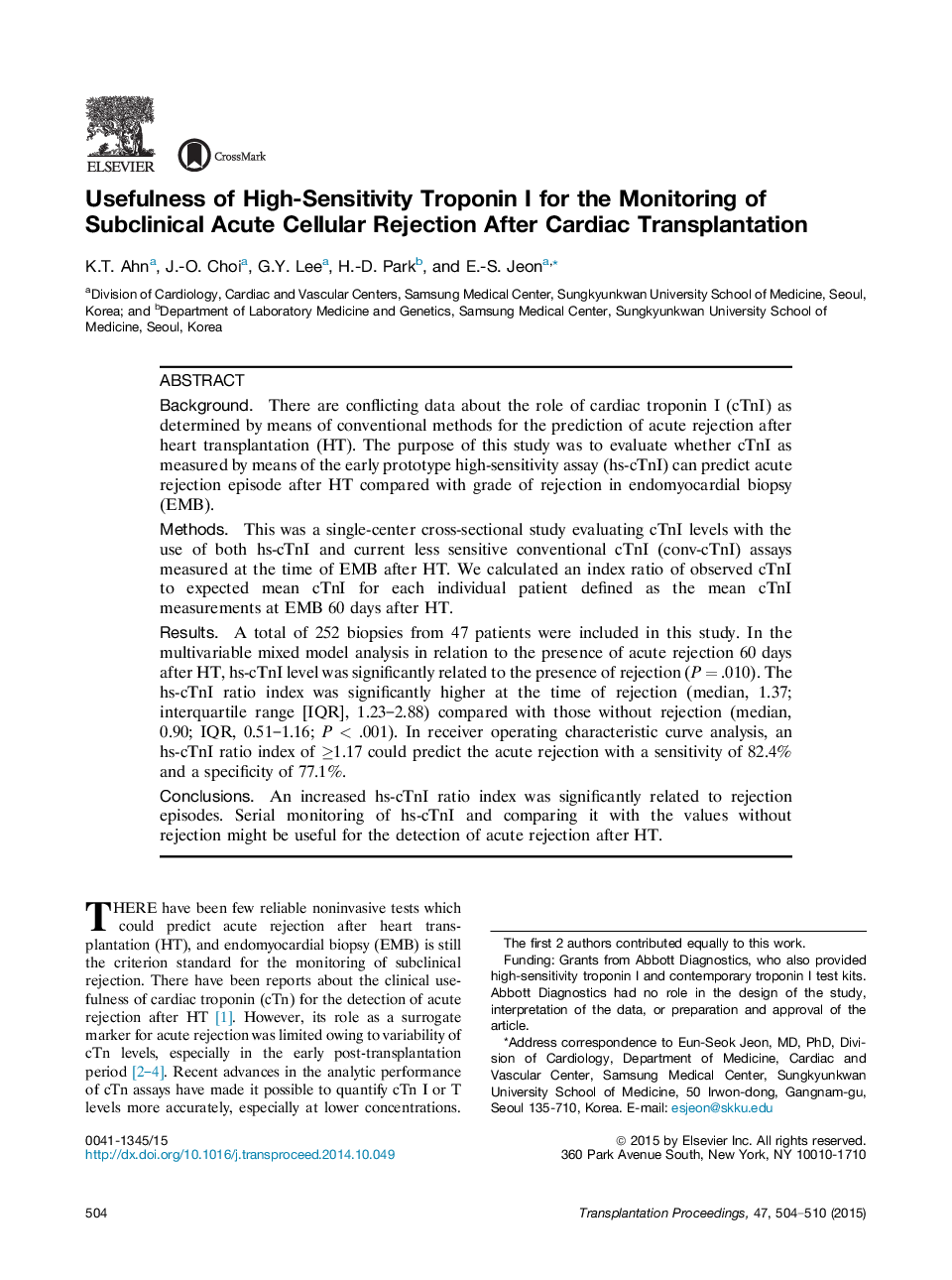 Usefulness of High-Sensitivity Troponin I for the Monitoring of Subclinical Acute Cellular Rejection After Cardiac Transplantation 