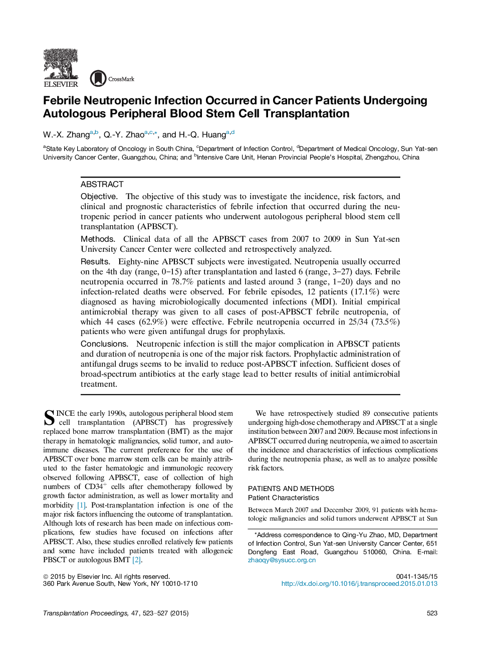 Febrile Neutropenic Infection Occurred in Cancer Patients Undergoing Autologous Peripheral Blood Stem Cell Transplantation