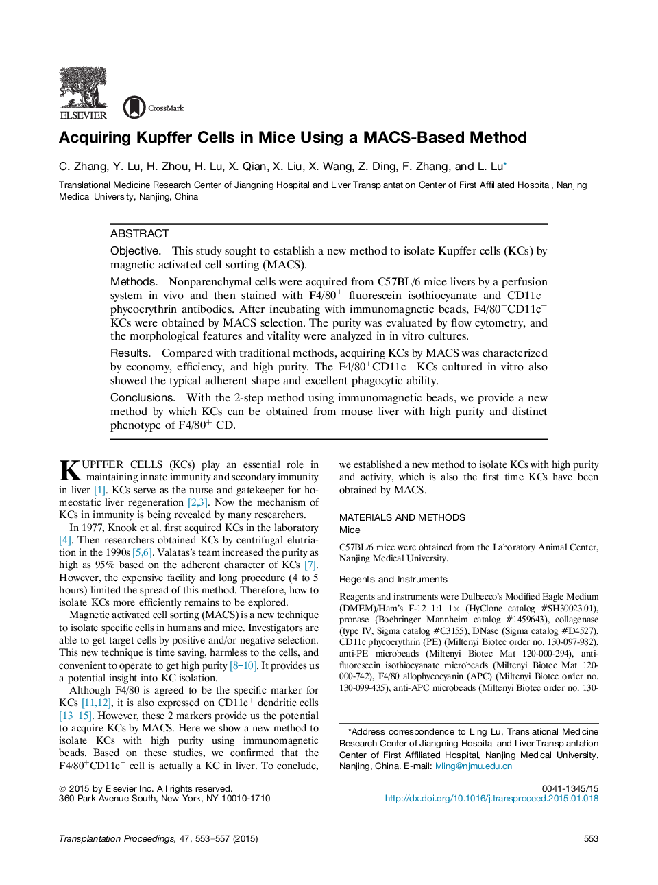 Acquiring Kupffer Cells in Mice Using a MACS-Based Method