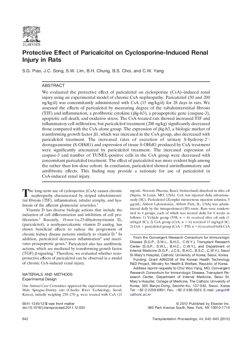 Protective Effect of Paricalcitol on Cyclosporine-Induced Renal Injury in Rats 