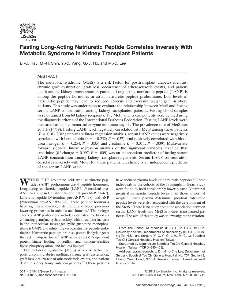 Fasting Long-Acting Natriuretic Peptide Correlates Inversely With Metabolic Syndrome in Kidney Transplant Patients 