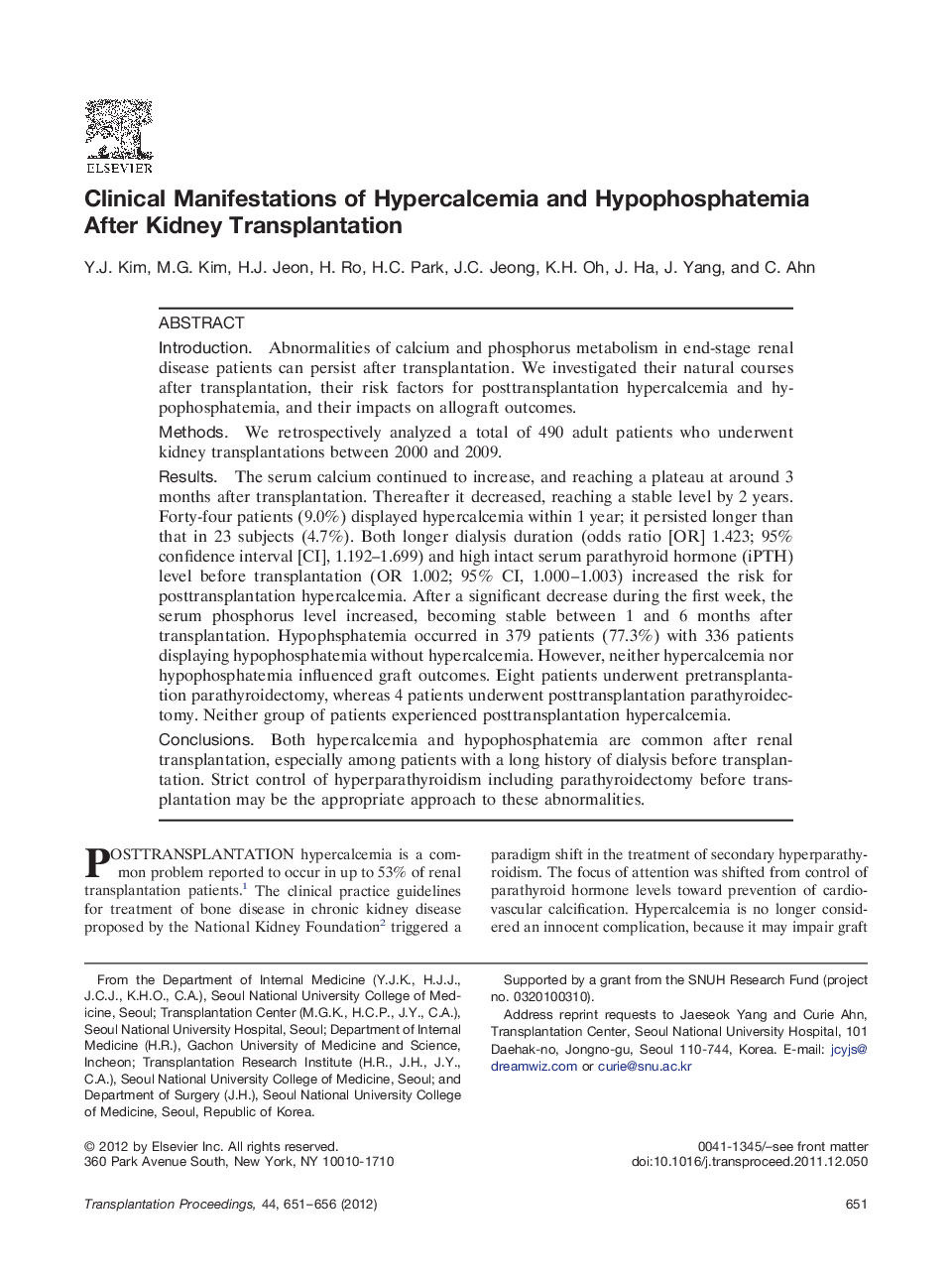 Clinical Manifestations of Hypercalcemia and Hypophosphatemia After Kidney Transplantation 