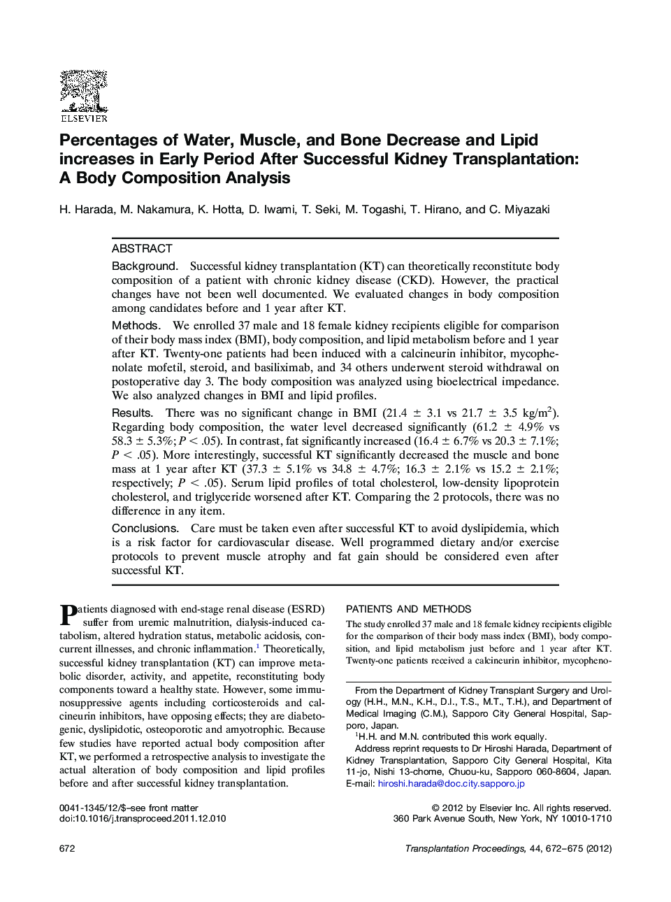 Percentages of Water, Muscle, and Bone Decrease and Lipid increases in Early Period After Successful Kidney Transplantation: A Body Composition Analysis