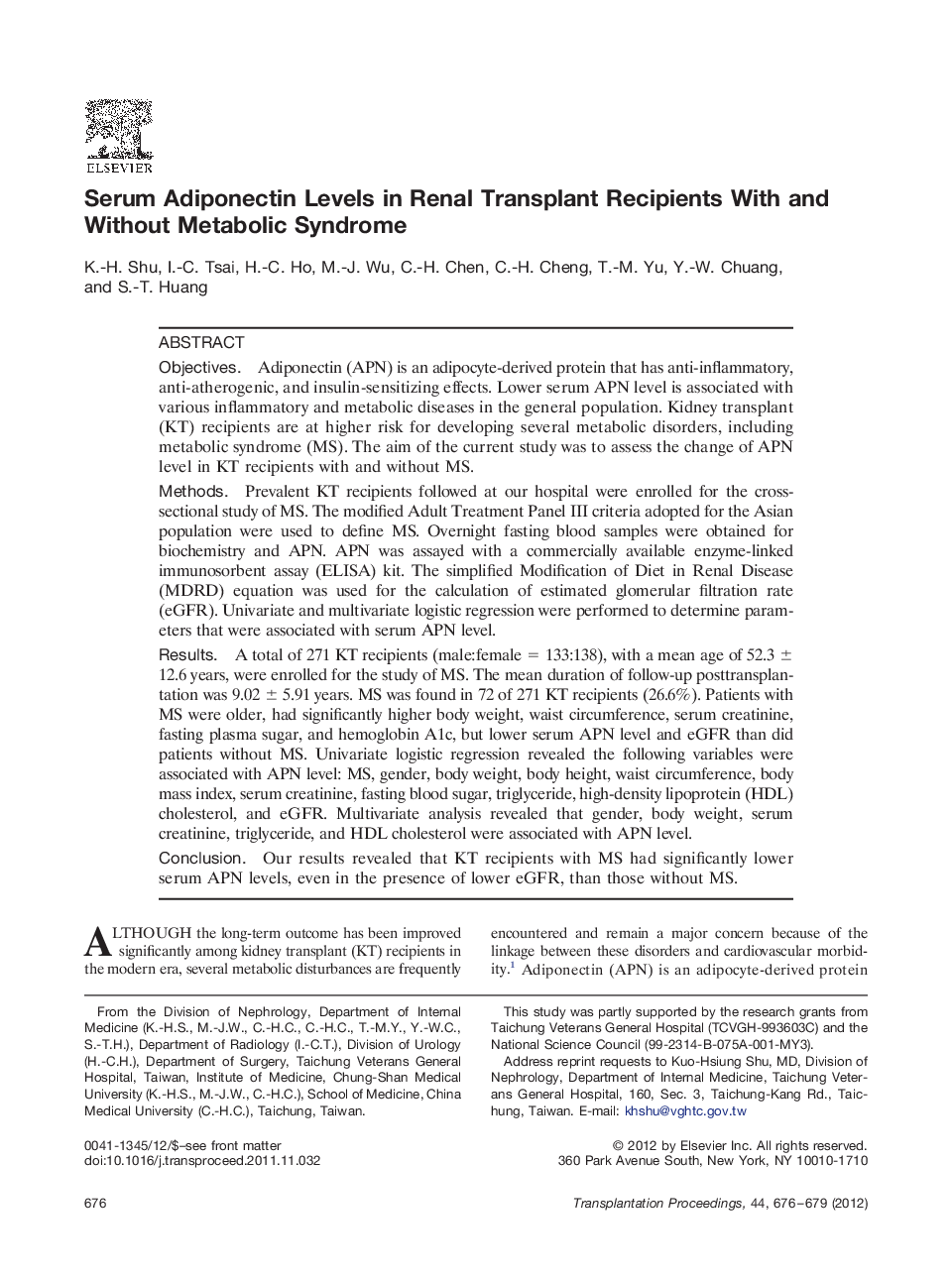 Serum Adiponectin Levels in Renal Transplant Recipients With and Without Metabolic Syndrome 