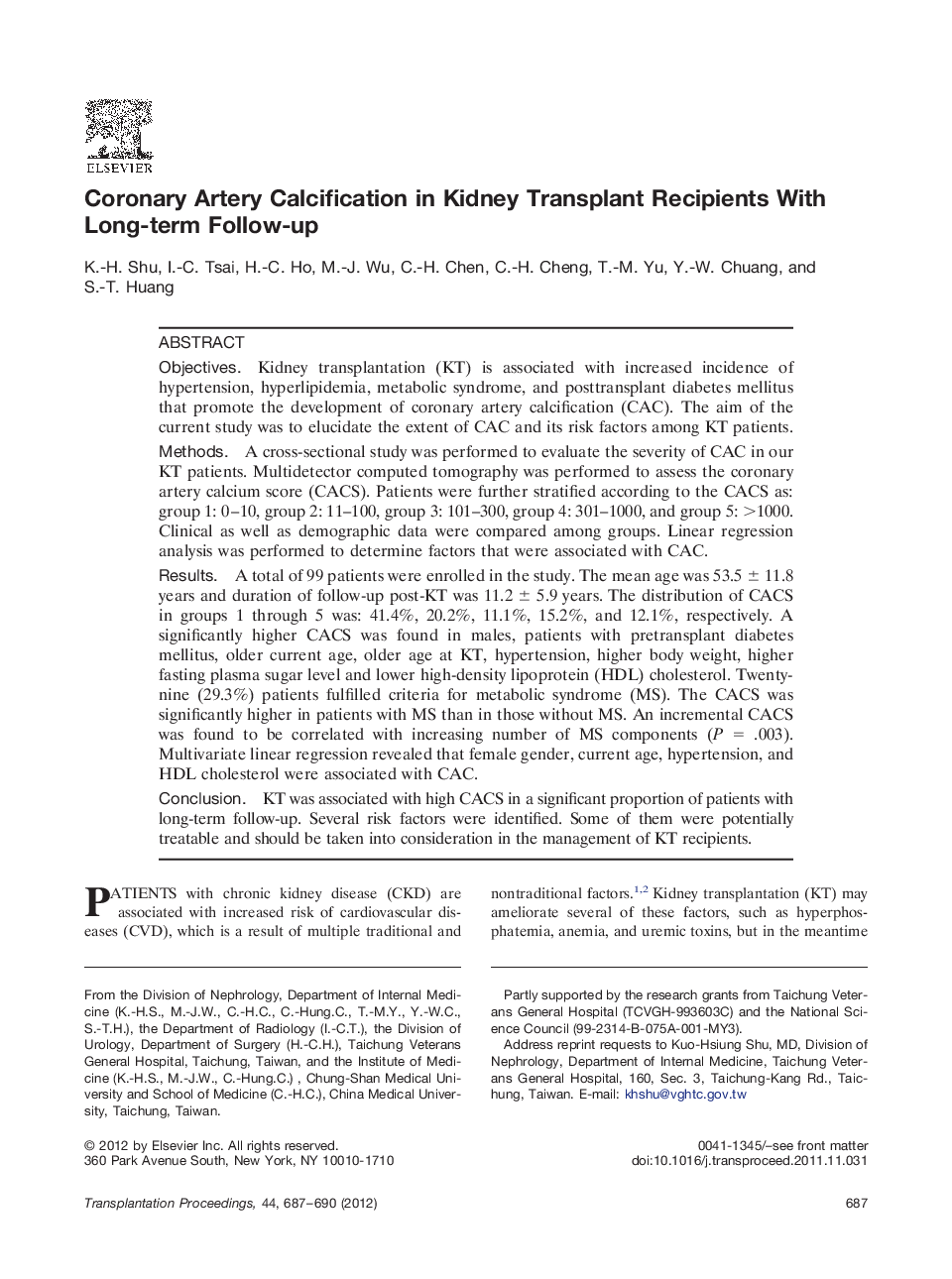 Coronary Artery Calcification in Kidney Transplant Recipients With Long-term Follow-up 