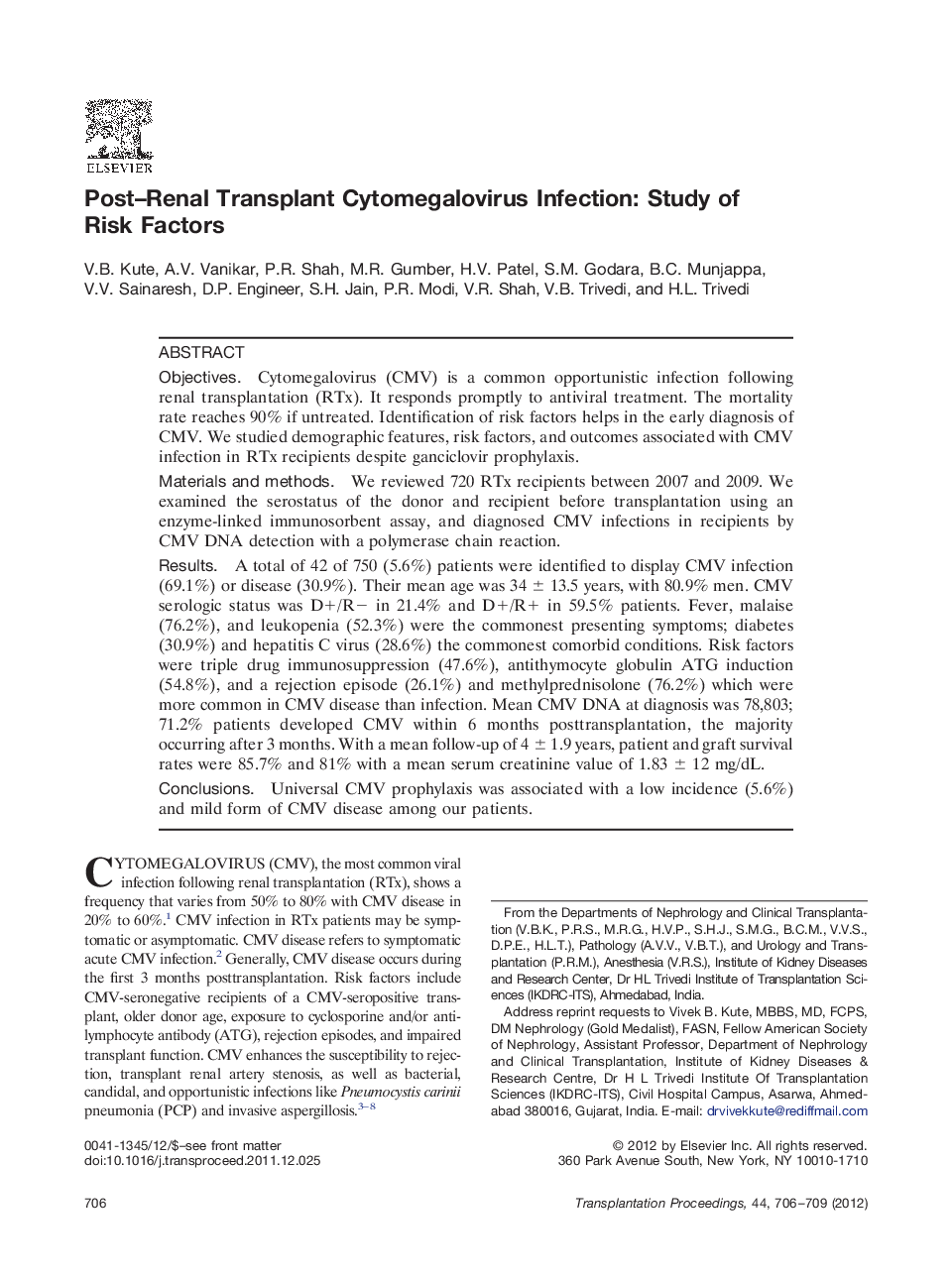 Post–Renal Transplant Cytomegalovirus Infection: Study of Risk Factors