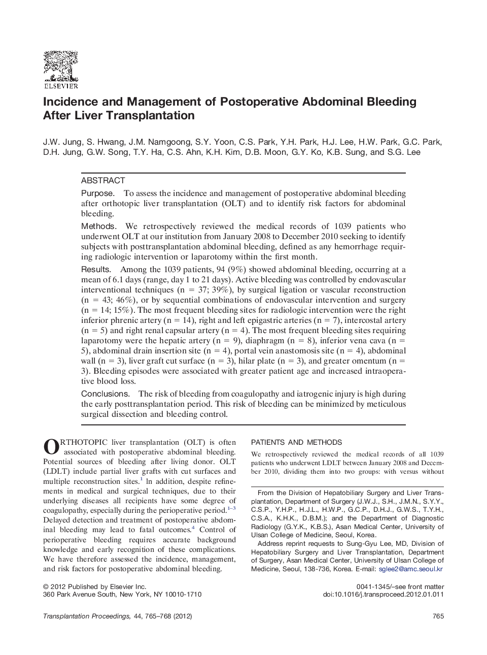 Incidence and Management of Postoperative Abdominal Bleeding After Liver Transplantation