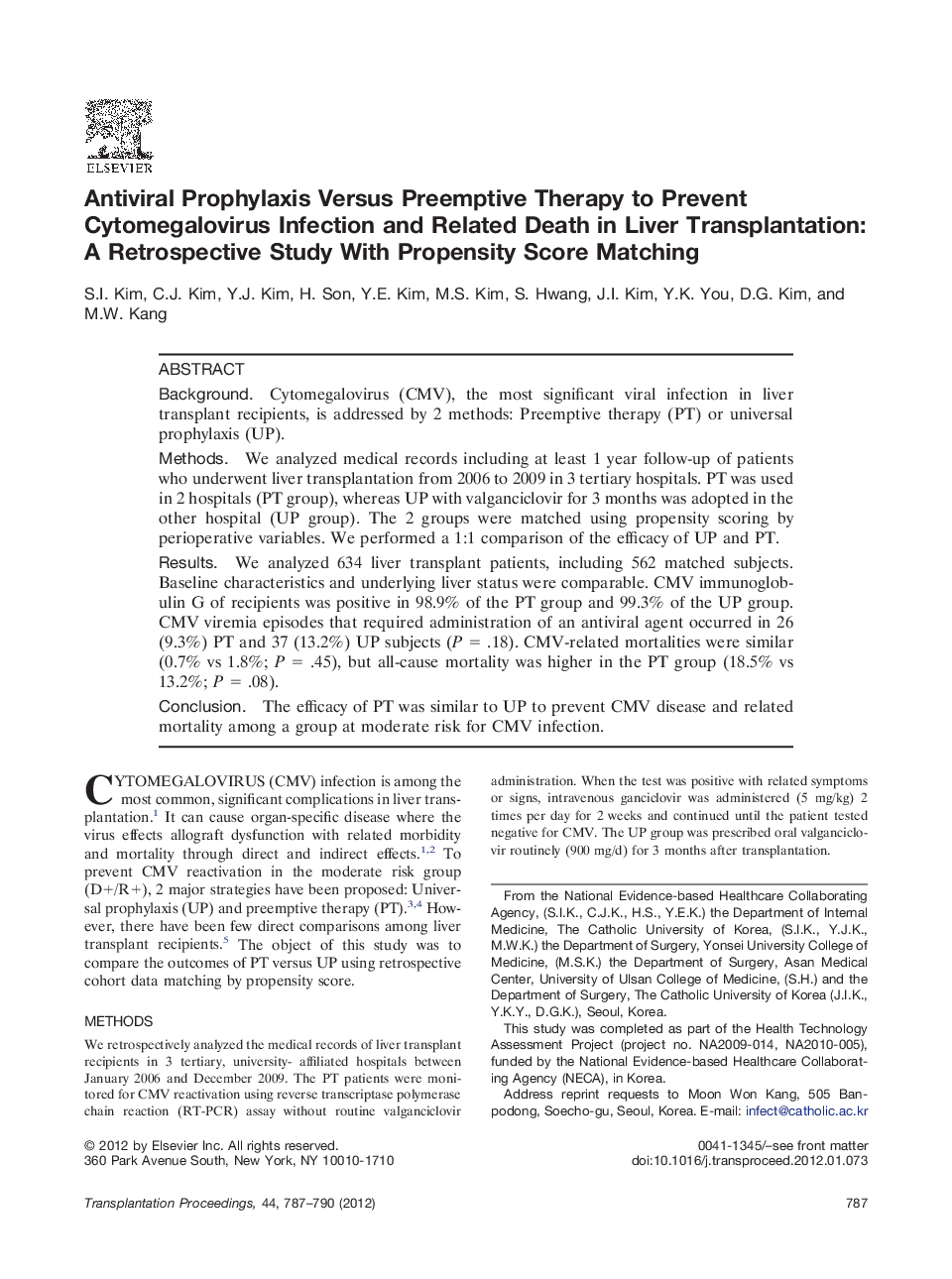 Antiviral Prophylaxis Versus Preemptive Therapy to Prevent Cytomegalovirus Infection and Related Death in Liver Transplantation: A Retrospective Study With Propensity Score Matching 