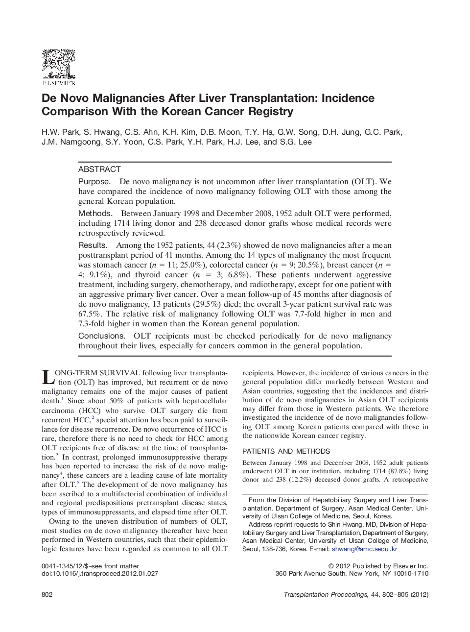 De Novo Malignancies After Liver Transplantation: Incidence Comparison With the Korean Cancer Registry