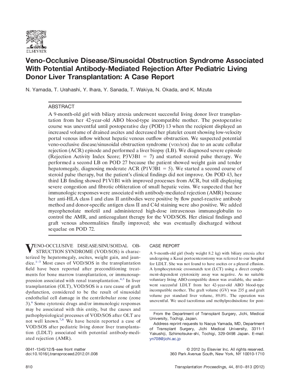 Veno-Occlusive Disease/Sinusoidal Obstruction Syndrome Associated With Potential Antibody-Mediated Rejection After Pediatric Living Donor Liver Transplantation: A Case Report