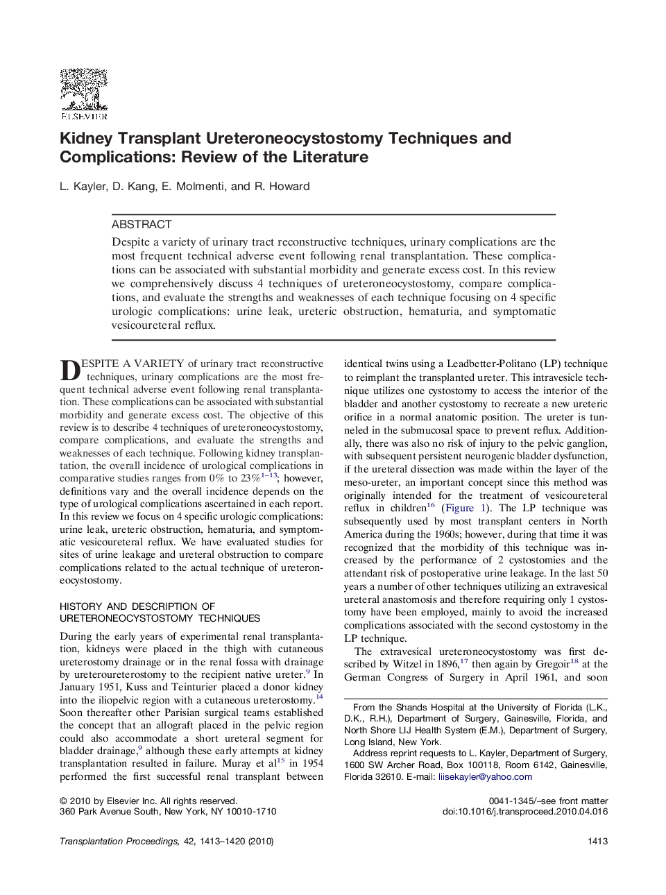 Kidney Transplant Ureteroneocystostomy Techniques and Complications: Review of the Literature