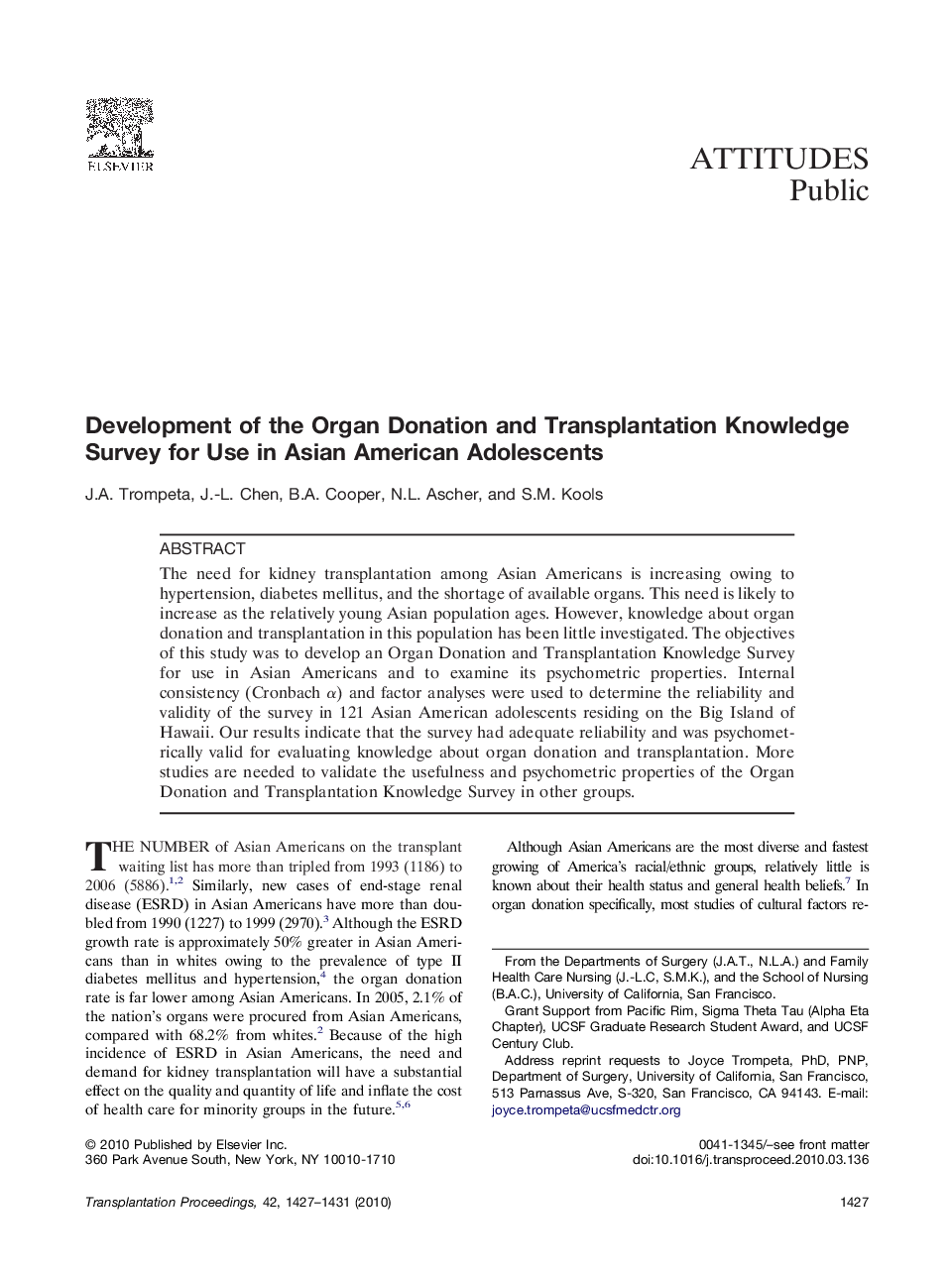 Development of the Organ Donation and Transplantation Knowledge Survey for Use in Asian American Adolescents 