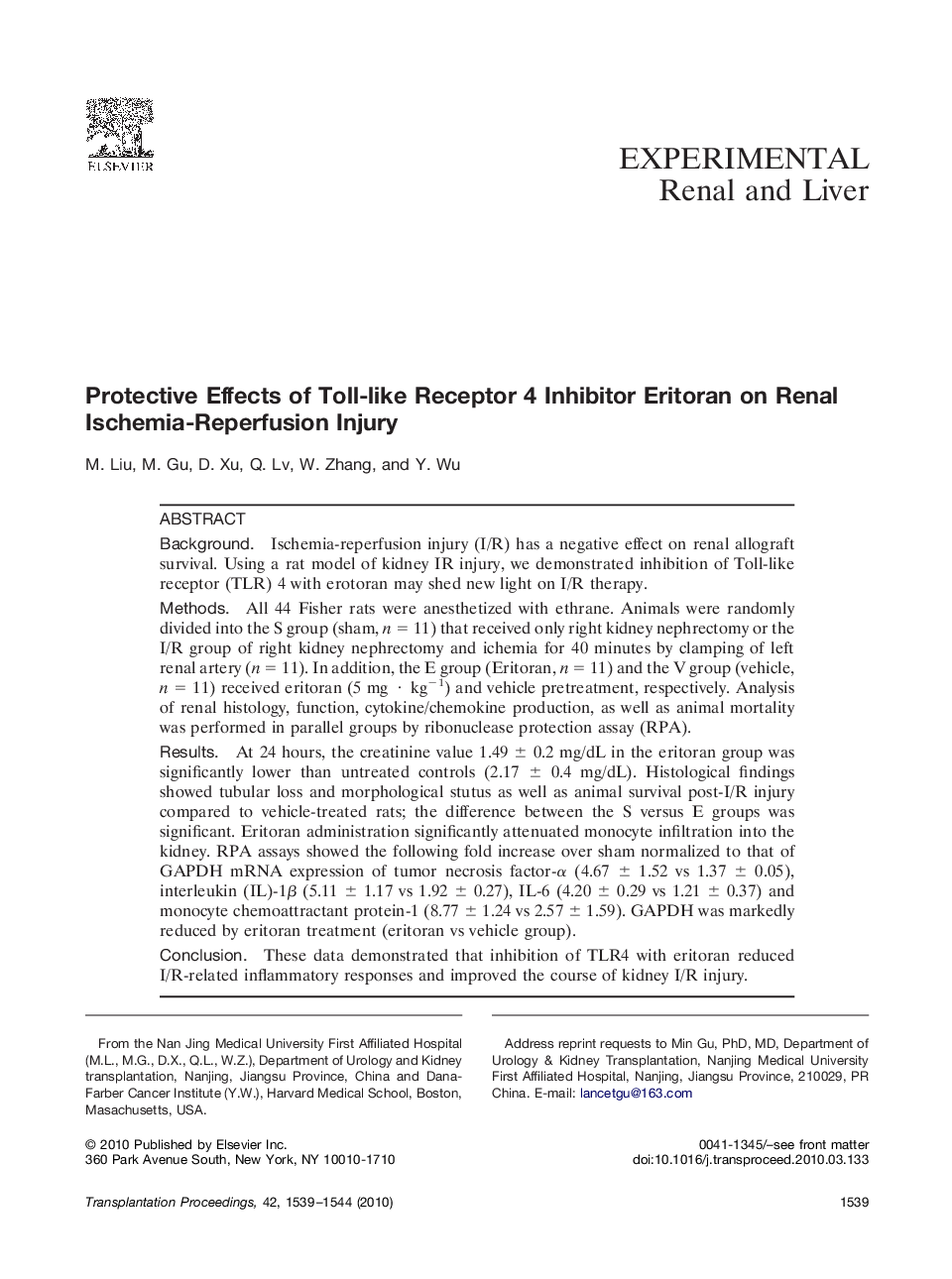 Protective Effects of Toll-like Receptor 4 Inhibitor Eritoran on Renal Ischemia-Reperfusion Injury