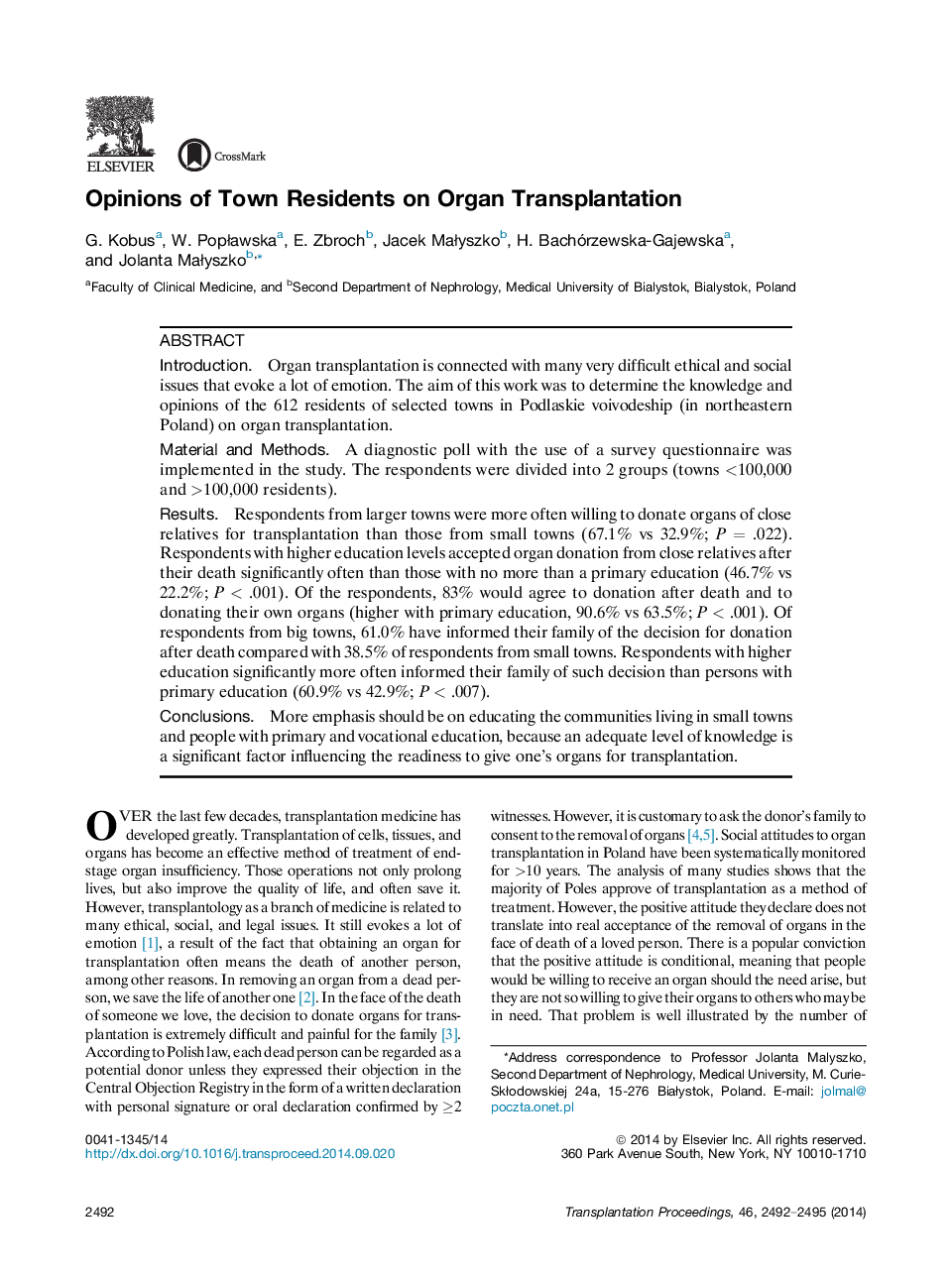 Opinions of Town Residents on Organ Transplantation