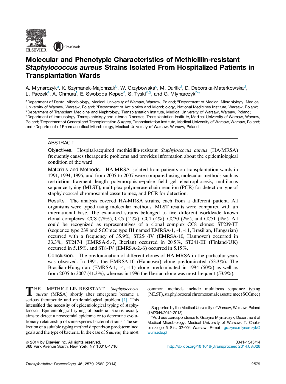 Molecular and Phenotypic Characteristics of Methicillin-resistant Staphylococcus aureus Strains Isolated From Hospitalized Patients in Transplantation Wards 