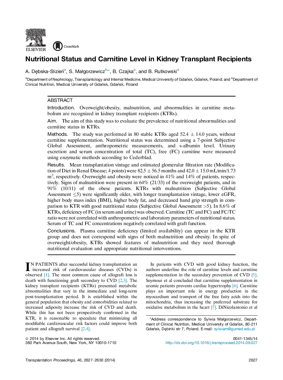 Nutritional Status and Carnitine Level in Kidney Transplant Recipients