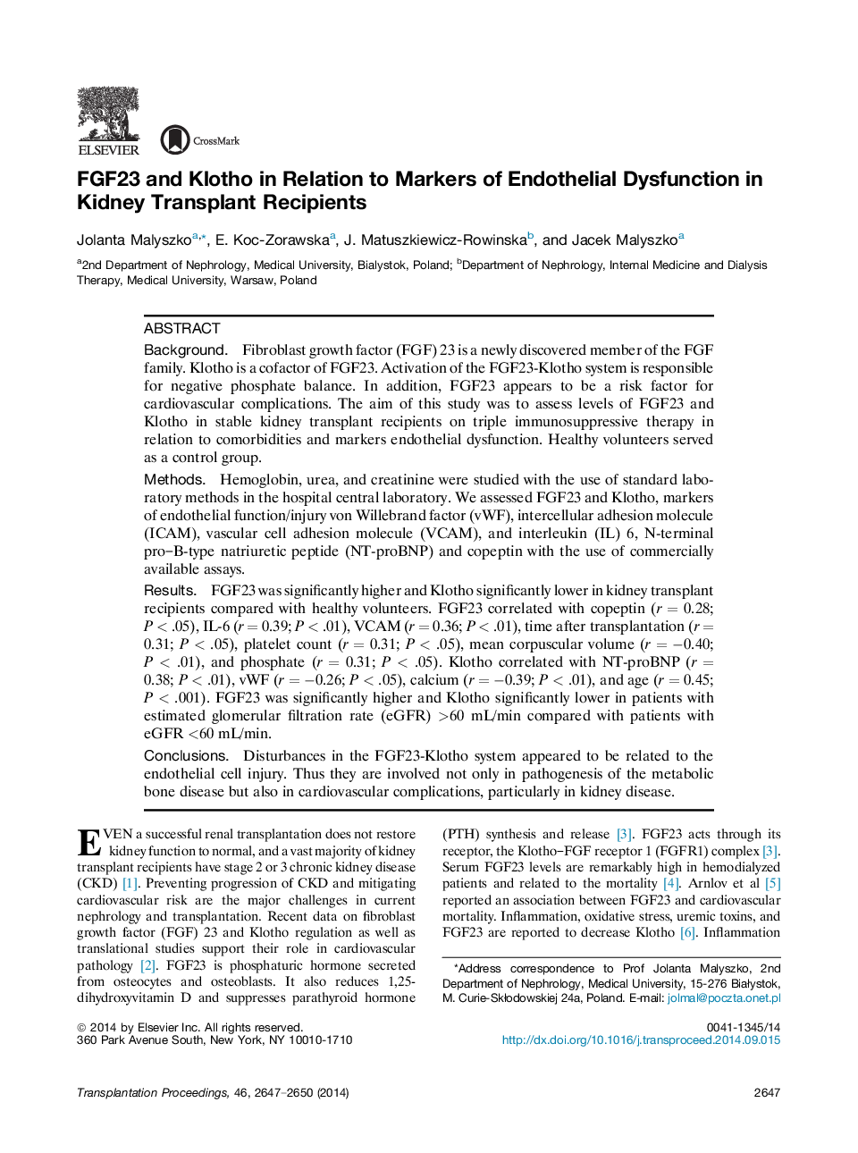 FGF23 and Klotho in Relation to Markers of Endothelial Dysfunction in Kidney Transplant Recipients