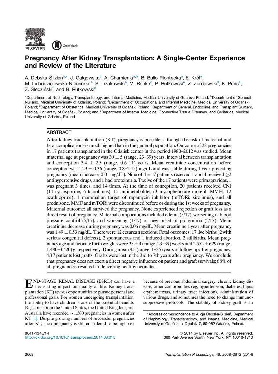 Pregnancy After Kidney Transplantation: A Single-Center Experience and Review of the Literature