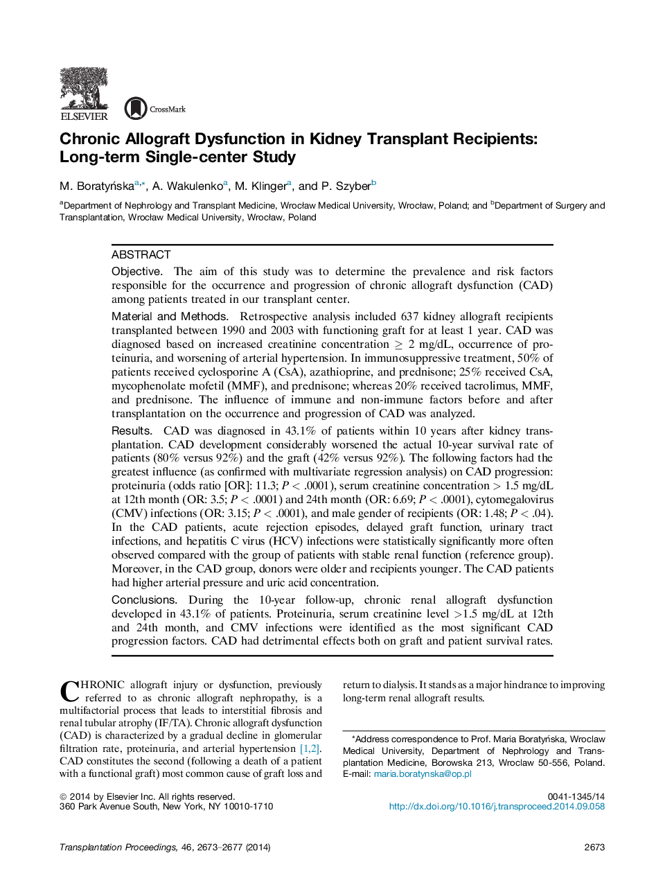 Chronic Allograft Dysfunction in Kidney Transplant Recipients: Long-term Single-center Study