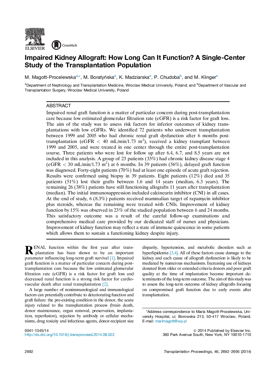 Impaired Kidney Allograft: How Long Can It Function? A Single-Center Study of the Transplantation Population