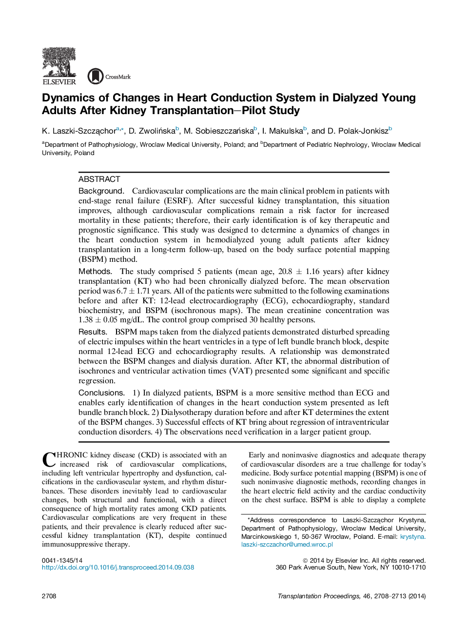 Dynamics of Changes in Heart Conduction System in Dialyzed Young Adults After Kidney Transplantation-Pilot Study