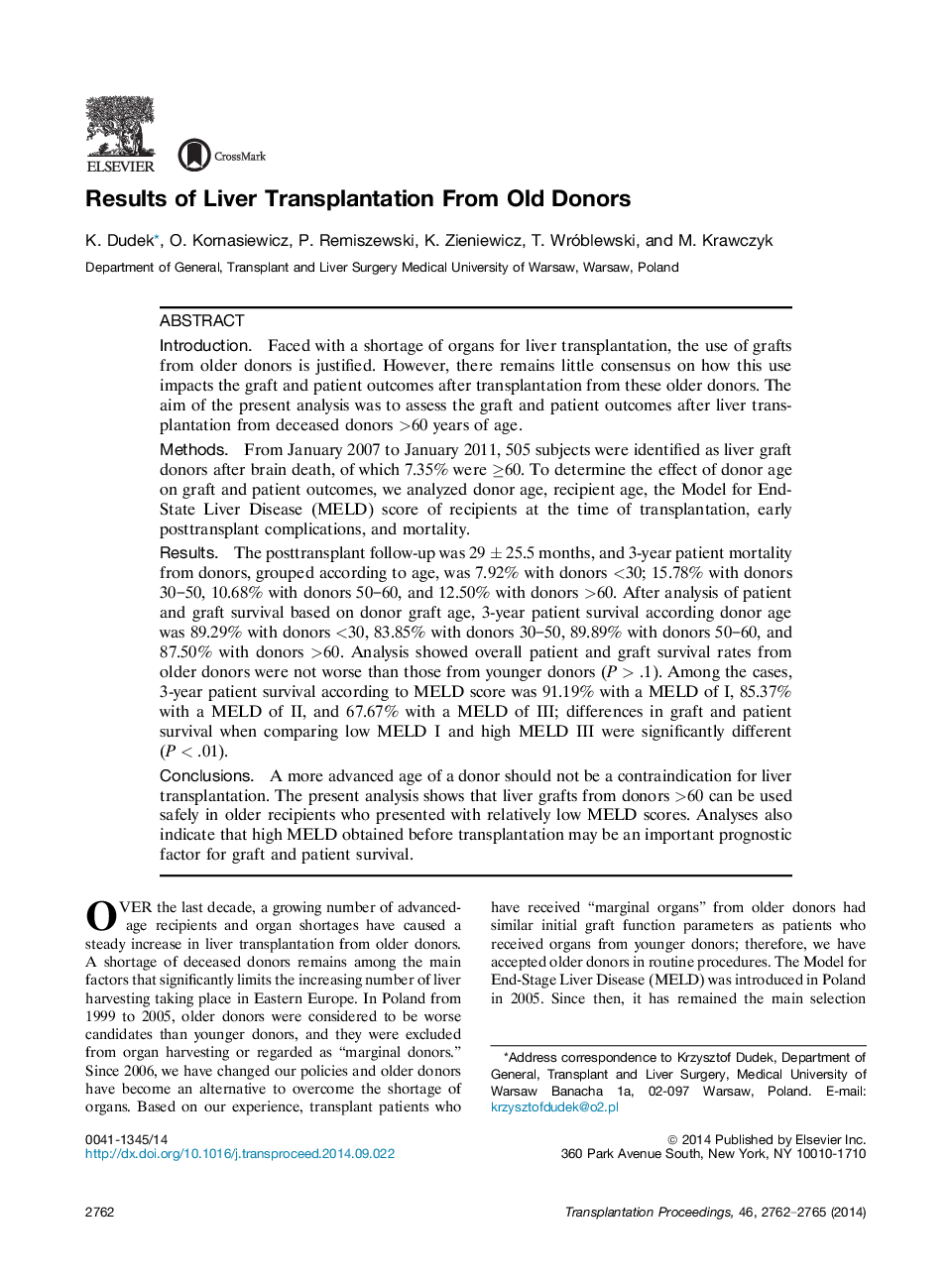 Results of Liver Transplantation From Old Donors