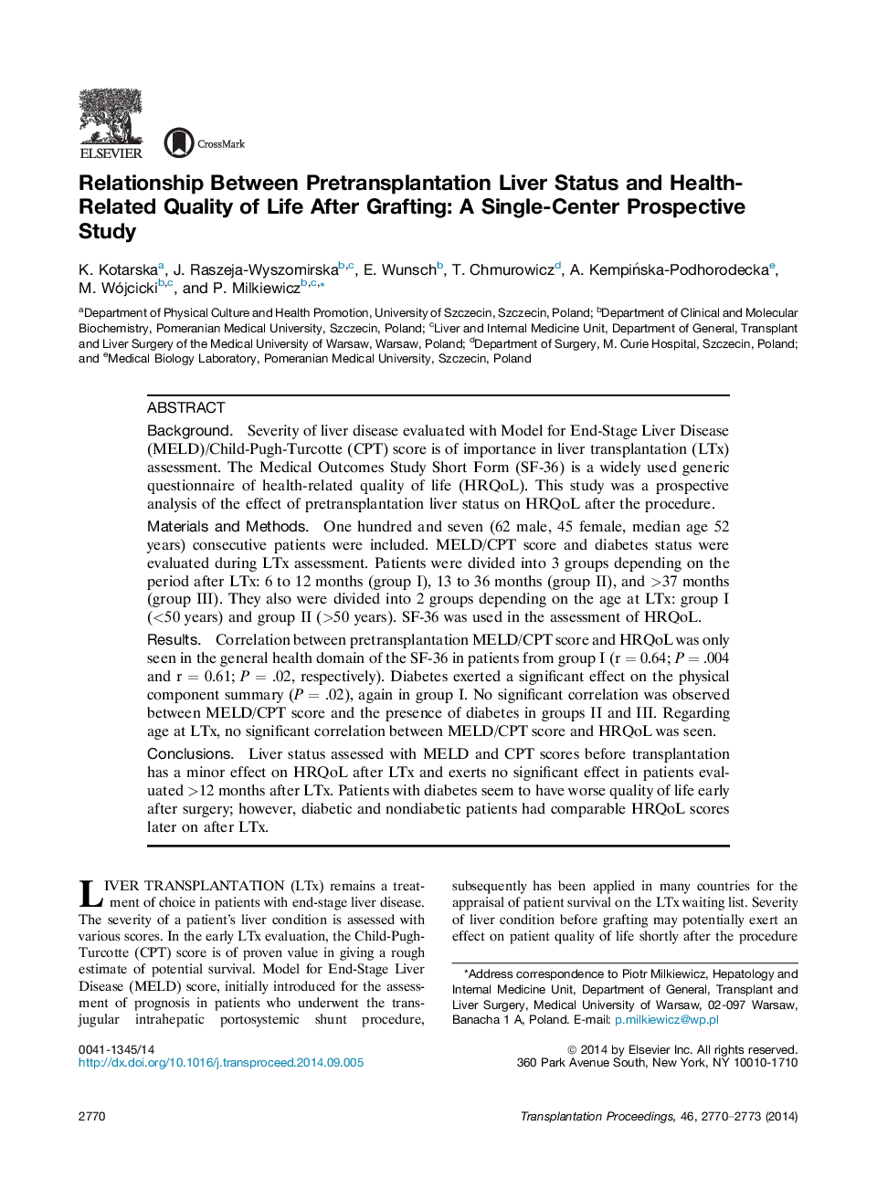 Relationship Between Pretransplantation Liver Status and Health-Related Quality of Life After Grafting: A Single-Center Prospective Study