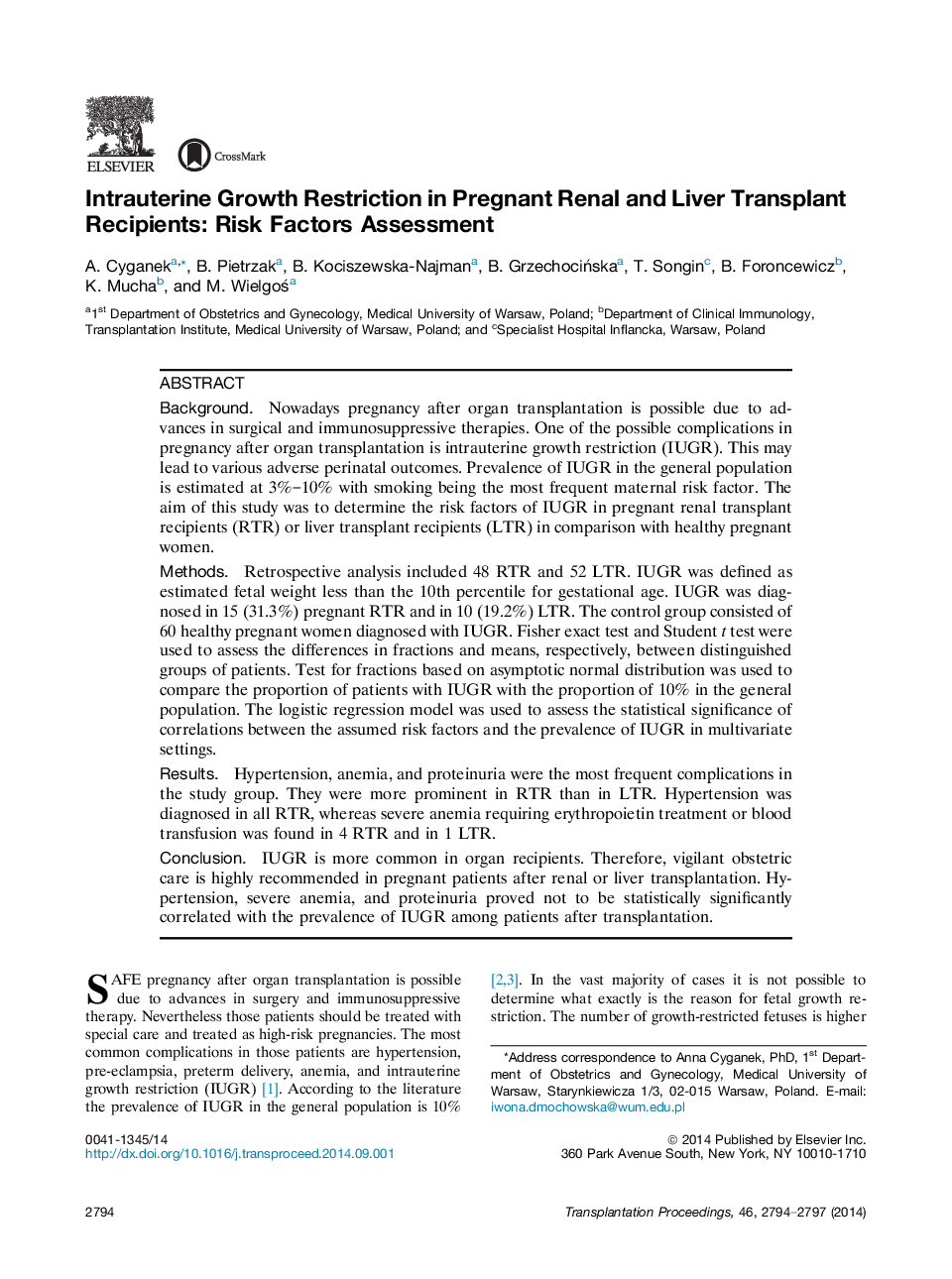 Intrauterine Growth Restriction in Pregnant Renal and Liver Transplant Recipients: Risk Factors Assessment