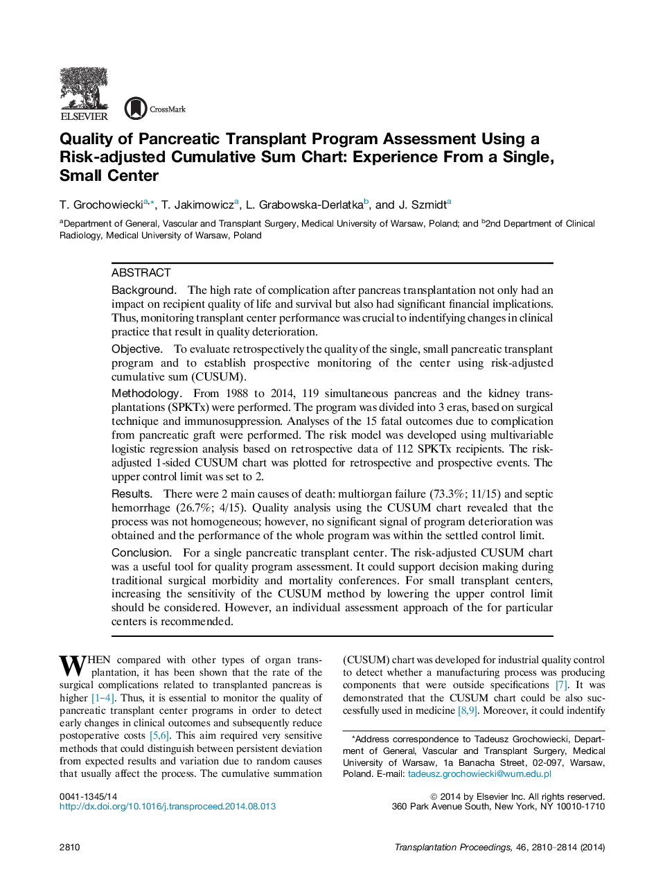 Quality of Pancreatic Transplant Program Assessment Using a Risk-adjusted Cumulative Sum Chart: Experience From a Single, Small Center