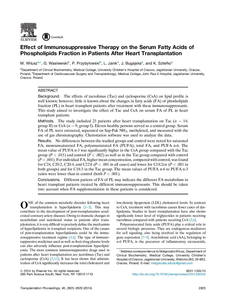 Effect of Immunosuppressive Therapy on the Serum Fatty Acids of Phospholipids Fraction in Patients After Heart Transplantation