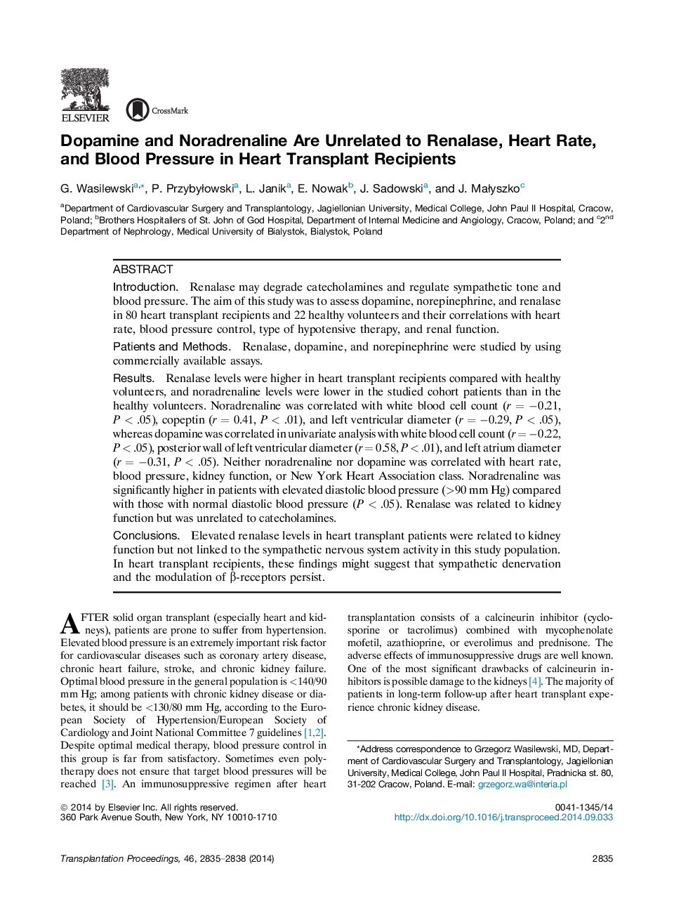 Dopamine and Noradrenaline Are Unrelated to Renalase, Heart Rate, and Blood Pressure in Heart Transplant Recipients