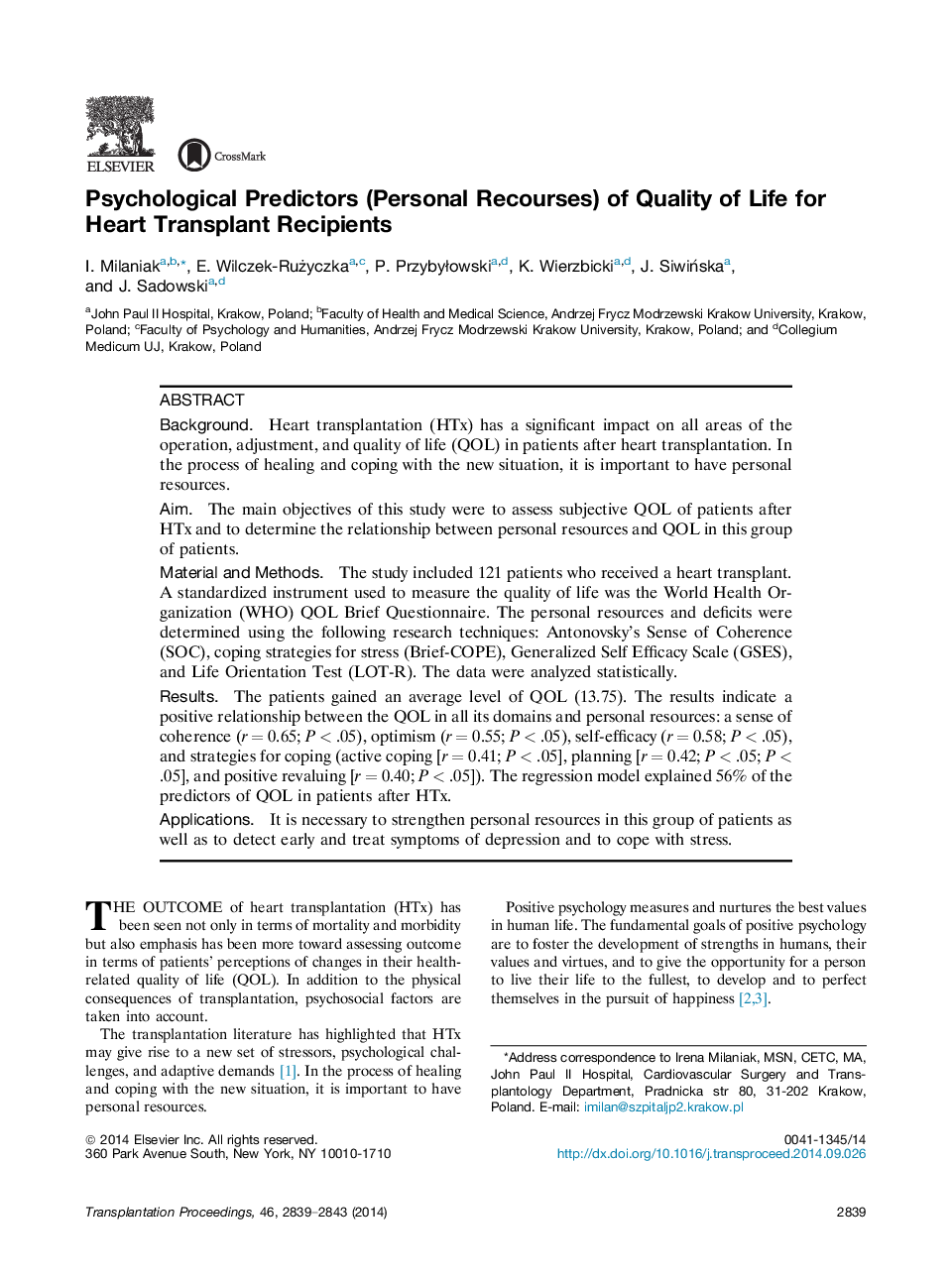 Psychological Predictors (Personal Recourses) of Quality of Life for Heart Transplant Recipients