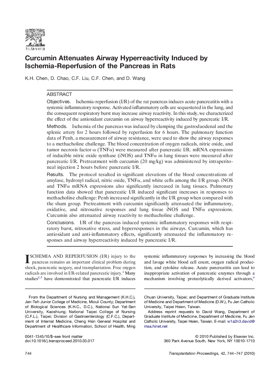 Curcumin Attenuates Airway Hyperreactivity Induced by Ischemia-Reperfusion of the Pancreas in Rats