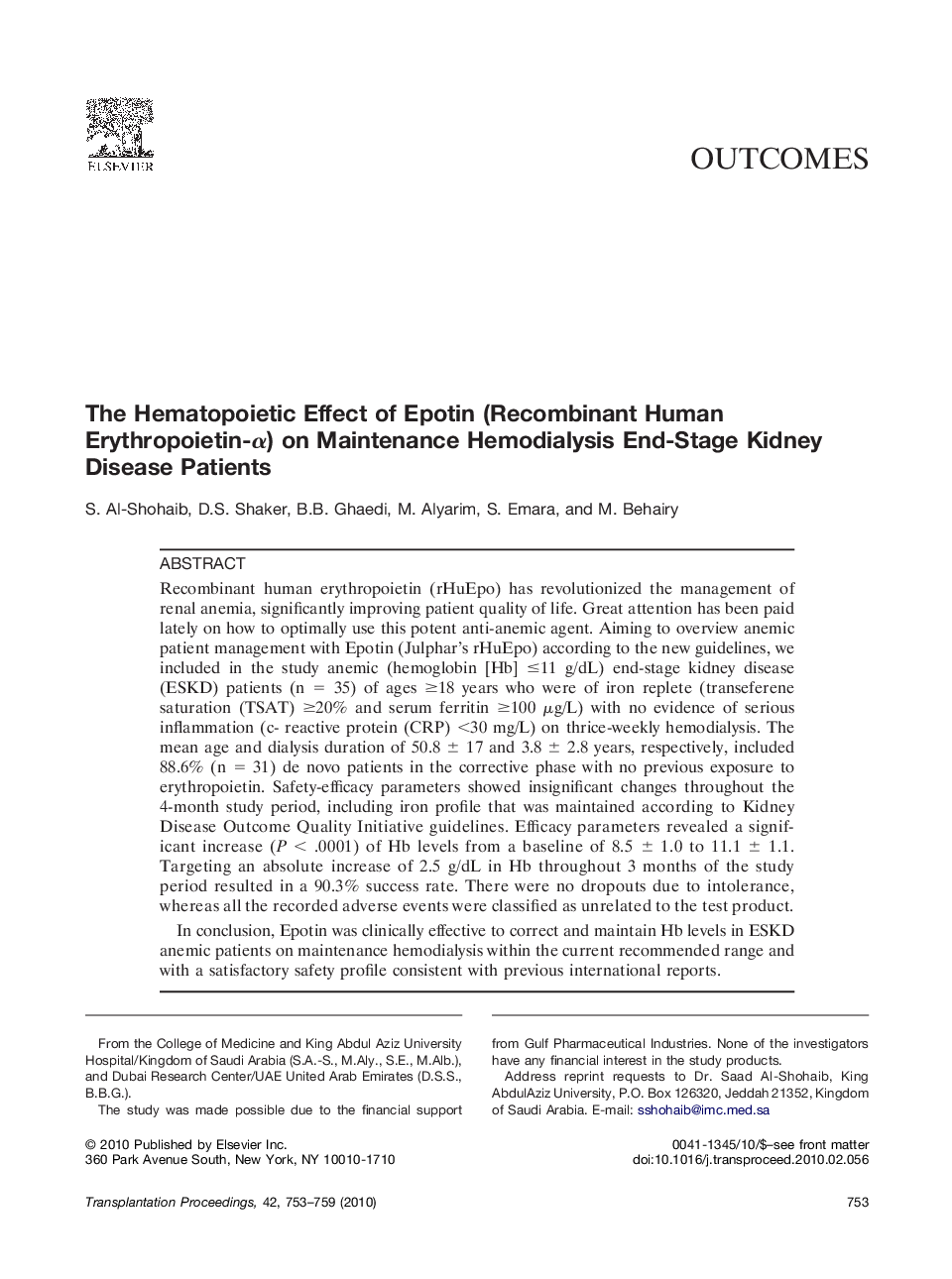 The Hematopoietic Effect of Epotin (Recombinant Human Erythropoietin-α) on Maintenance Hemodialysis End-Stage Kidney Disease Patients 