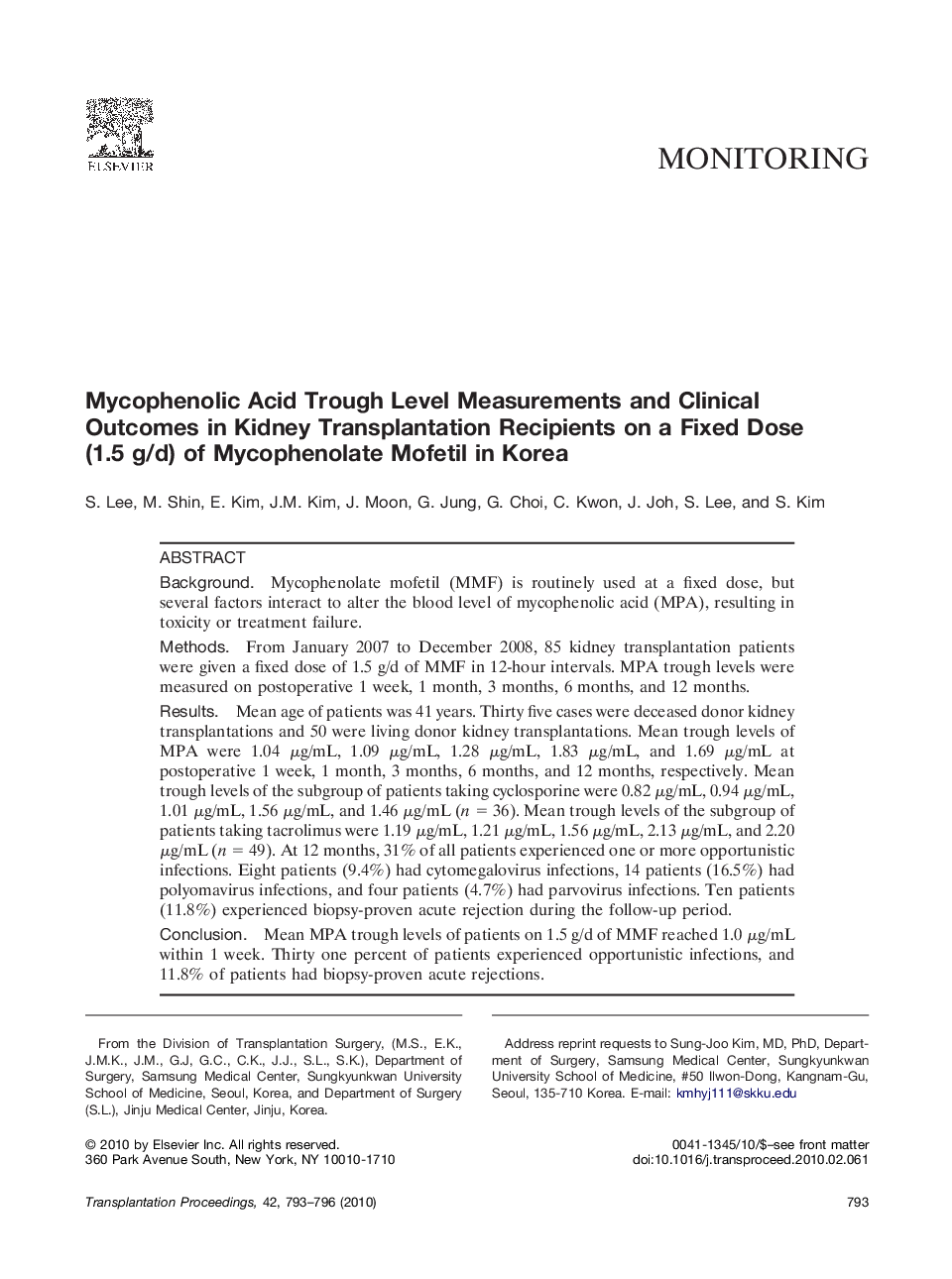 Mycophenolic Acid Trough Level Measurements and Clinical Outcomes in Kidney Transplantation Recipients on a Fixed Dose (1.5 g/d) of Mycophenolate Mofetil in Korea