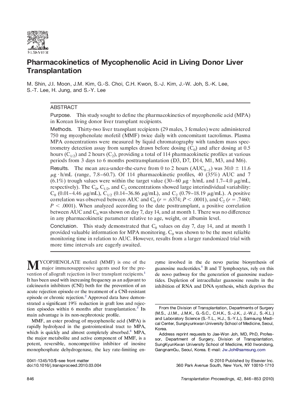 Pharmacokinetics of Mycophenolic Acid in Living Donor Liver Transplantation