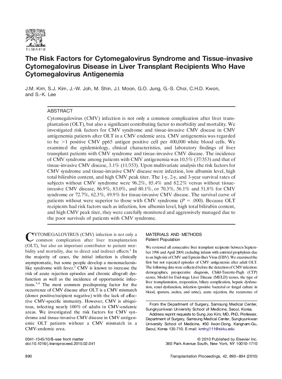 The Risk Factors for Cytomegalovirus Syndrome and Tissue-invasive Cytomegalovirus Disease in Liver Transplant Recipients Who Have Cytomegalovirus Antigenemia