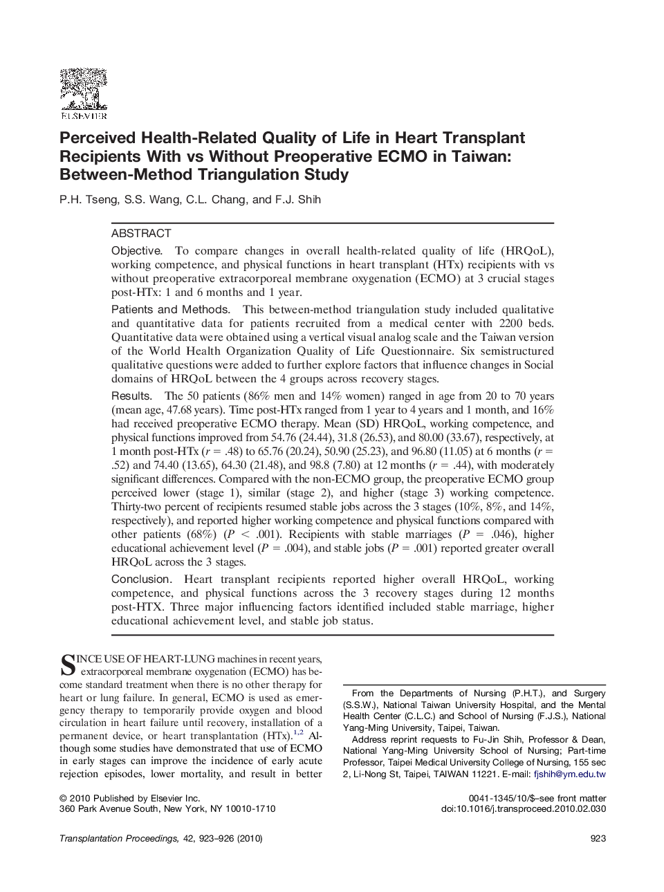 Perceived Health-Related Quality of Life in Heart Transplant Recipients With vs Without Preoperative ECMO in Taiwan: Between-Method Triangulation Study