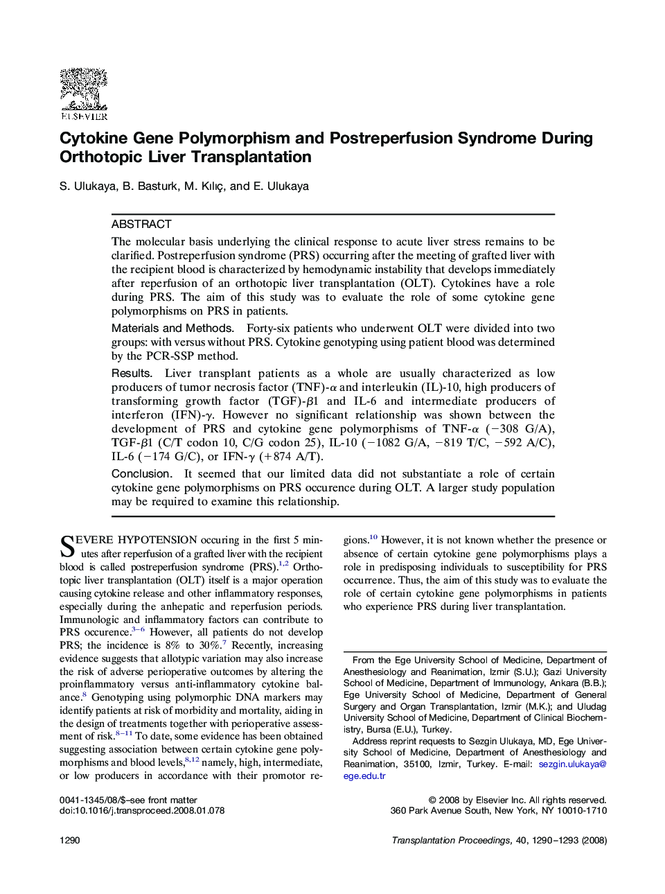 Cytokine Gene Polymorphism and Postreperfusion Syndrome During Orthotopic Liver Transplantation