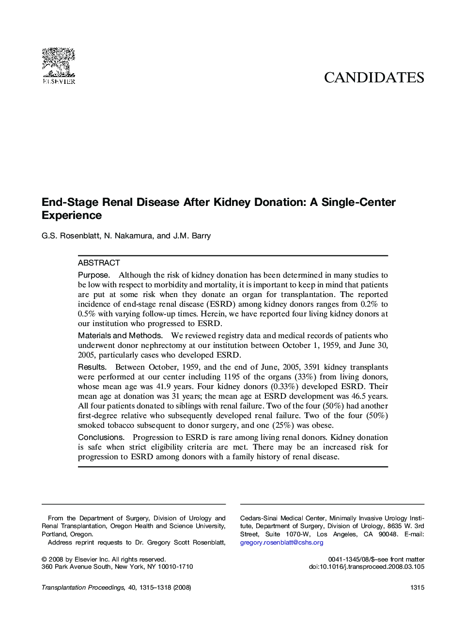 End-Stage Renal Disease After Kidney Donation: A Single-Center Experience