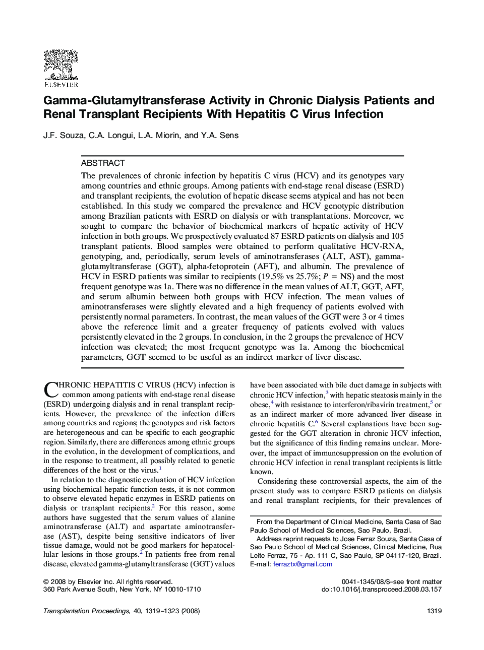 Gamma-Glutamyltransferase Activity in Chronic Dialysis Patients and Renal Transplant Recipients With Hepatitis C Virus Infection