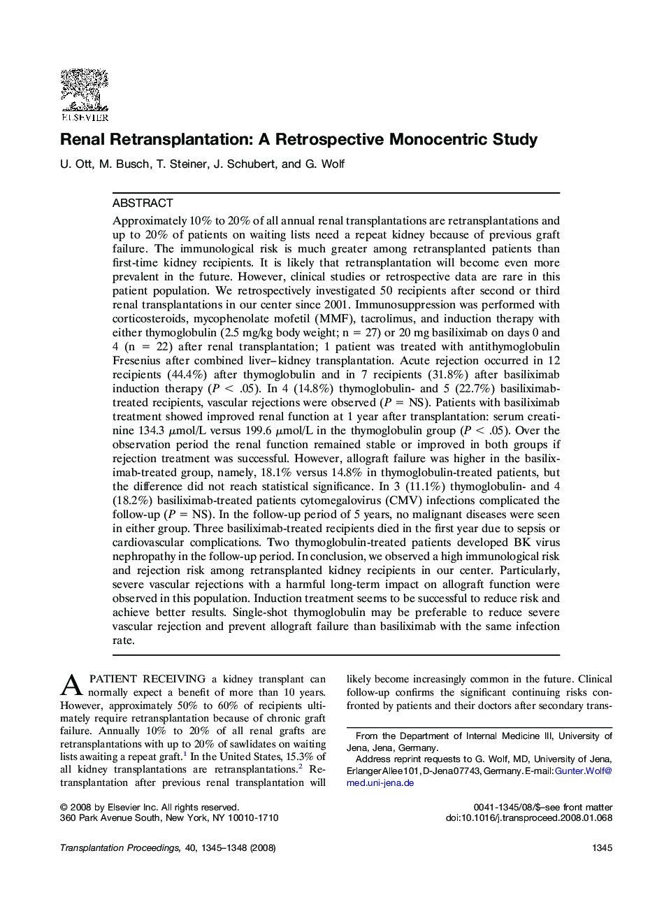 Renal Retransplantation: A Retrospective Monocentric Study