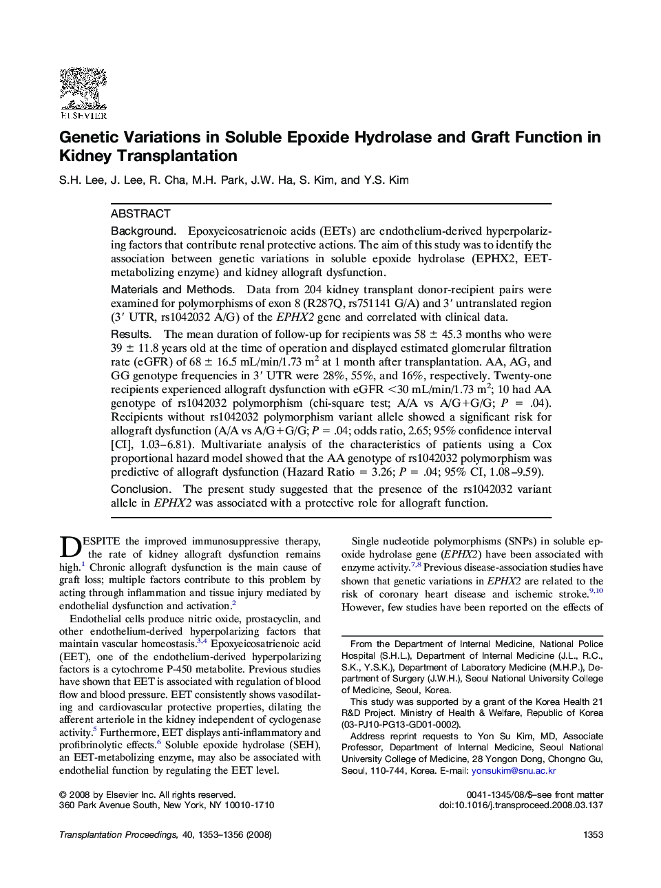 Genetic Variations in Soluble Epoxide Hydrolase and Graft Function in Kidney Transplantation 