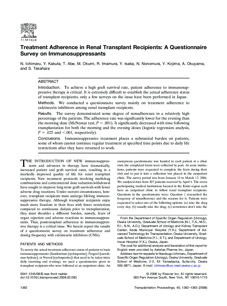 Treatment Adherence in Renal Transplant Recipients: A Questionnaire Survey on Immunosuppressants 