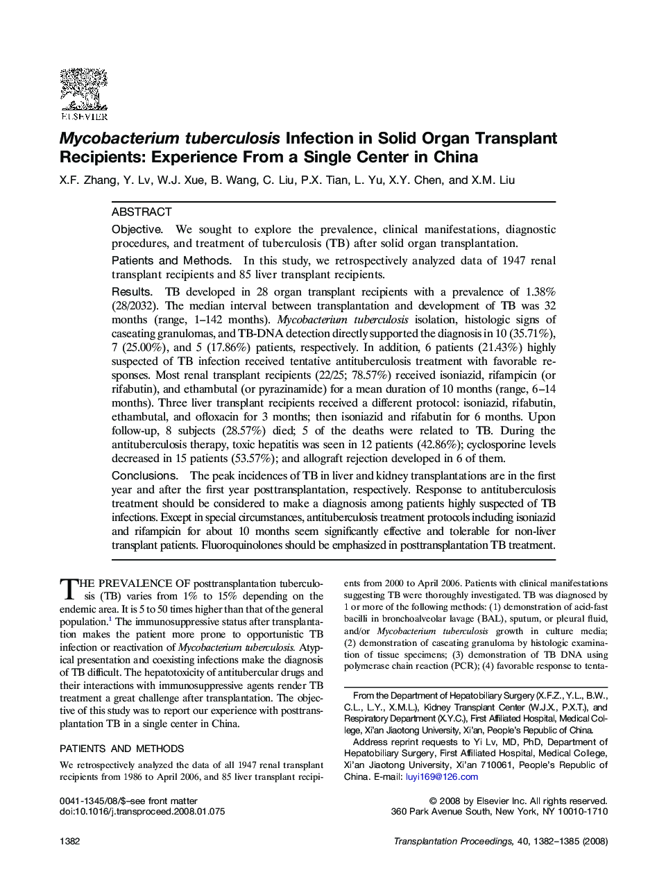 Mycobacterium tuberculosis Infection in Solid Organ Transplant Recipients: Experience From a Single Center in China