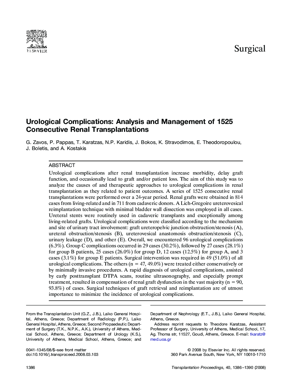 Urological Complications: Analysis and Management of 1525 Consecutive Renal Transplantations