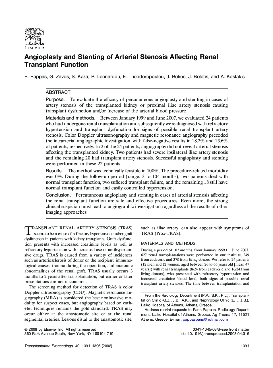 Angioplasty and Stenting of Arterial Stenosis Affecting Renal Transplant Function