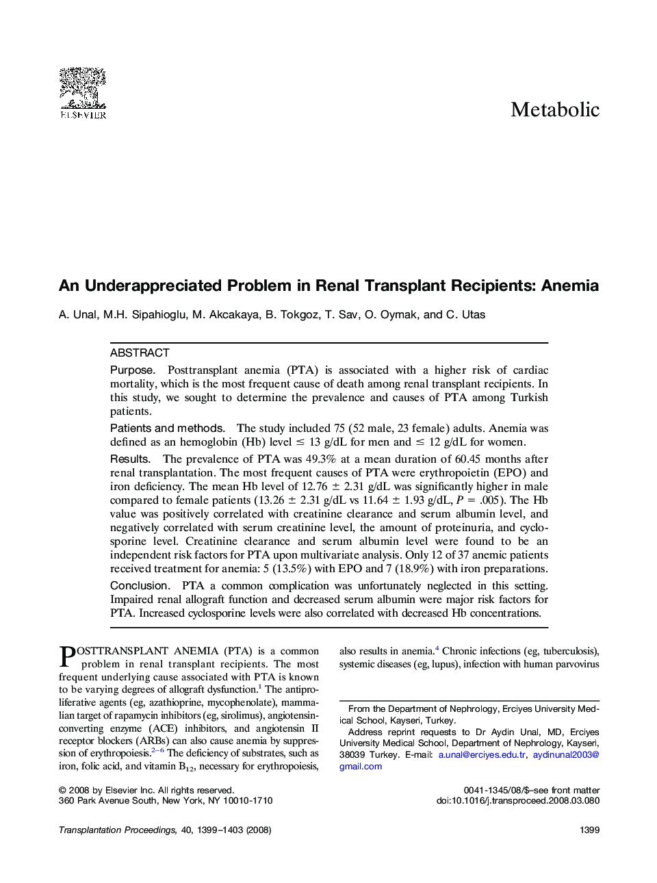 An Underappreciated Problem in Renal Transplant Recipients: Anemia